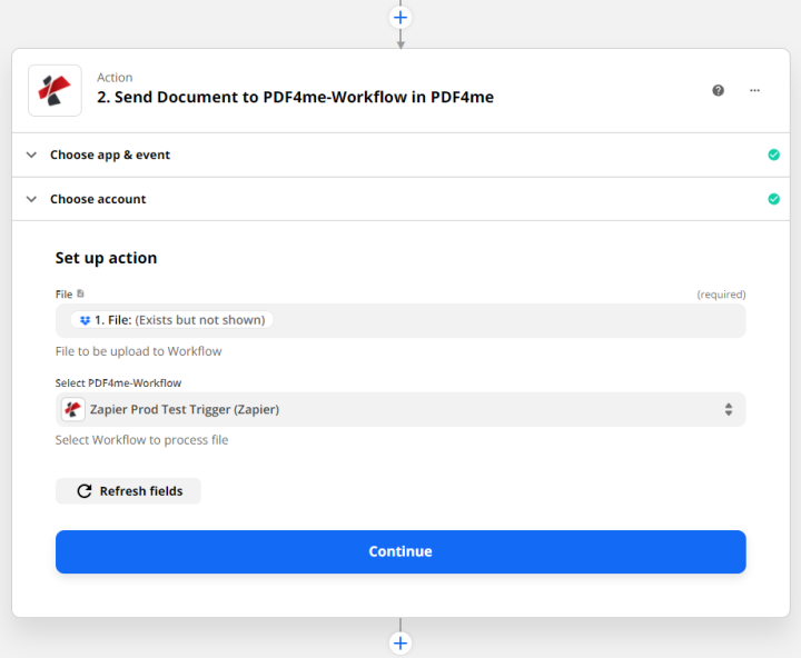 PDF4me Enviar documento a PDF4me-Workflow Configuración de Zapier: el campo Archivo es obligatorio, seleccione el menú desplegable PDF4me-Workflow